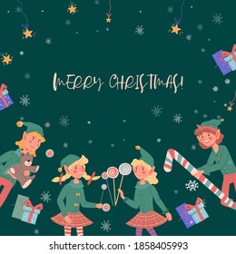 Christmas greeting banner with  elves cartoon characters, flat vector illustration on dark green background. Xmas card or poster backdrop template.