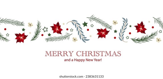 Christmas Greeting  Banner with Fir Branches. Happy Christmas and New Year. Vector graphics