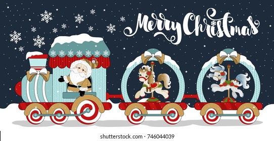 Christmas greeting banner with funny Santa Claus and a train with a pony. Inscription. Vector illustration.