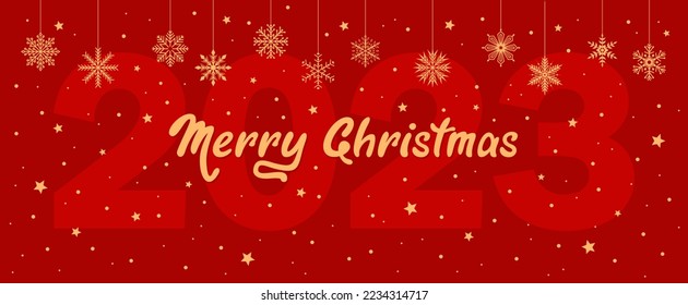 Christmas greeting banner with golden text and snowflakes on a red background. Flat vector illustration