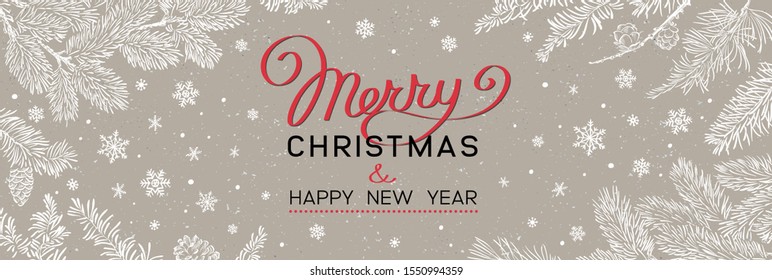 Christmas greeting banner - Illustration. Vector illustration of Christmas Background with branches of christmas tree on brown. Happy new year greeting.
