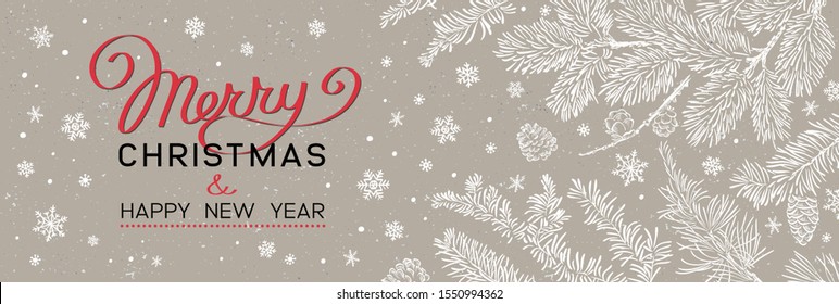 Christmas greeting banner - Illustration. Vector illustration of Christmas Background with branches of christmas tree on brown. Happy new year greeting.