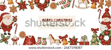Christmas greeting banner and rectangle frame with Santa, snowman and gingerbread cookie. Xmas poster with text in flat style