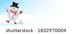 Christmas greeting banner vector design with a smiling snowman, standing near the bunch of snowballs and holding a snowball in his hand. Happy Santa Claus with a black top hat playing a snowball game.