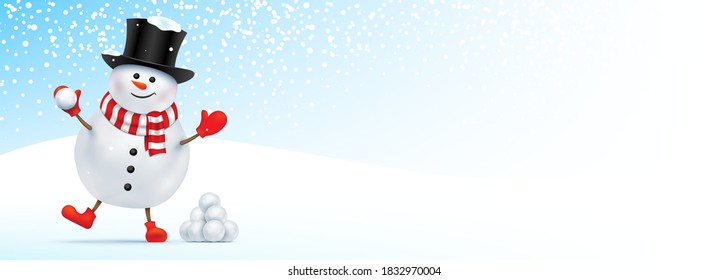 Christmas greeting banner vector design with a smiling snowman, standing near the bunch of snowballs and holding a snowball in his hand. Happy Santa Claus with a black top hat playing a snowball game.