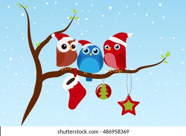 Christmas greeting with birds sitting on branch