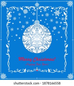 Christmas greeting blue craft card with floral decorative border, snowflakes and hanging ball