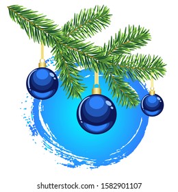 Christmas greeting with blue ornaments and fir tree branch