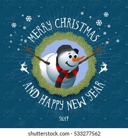 Christmas greeting blue snowman with deer and background texture new year