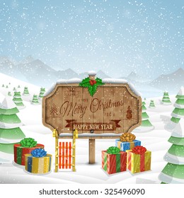 Christmas greeting board vector illustration.  Merry Christmas greetings on wooden board, gifts and sleigh against the background of snowed up forest, and mountains.
