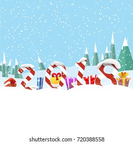 Christmas greeting board vector illustration. Gifts and digits against the background of snowed up forest