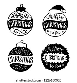 Christmas Greeting In Calligraphy Hand Lettering, With Ornaments And Decorative Elements, In Black And White