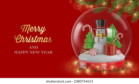 christmas greeting card with 3d elements. christmas banner with snow globe and pine branches. snowglobe with rd christmas trees and snowman