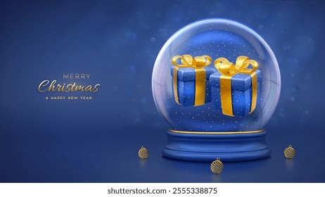 Christmas greeting card. 3D Gift boxes with golden bows and glitter confetti inside a snow globe. Gold baubles. New Year background, Xmas holiday poster, banner, flyer. 3D Vector illustration.