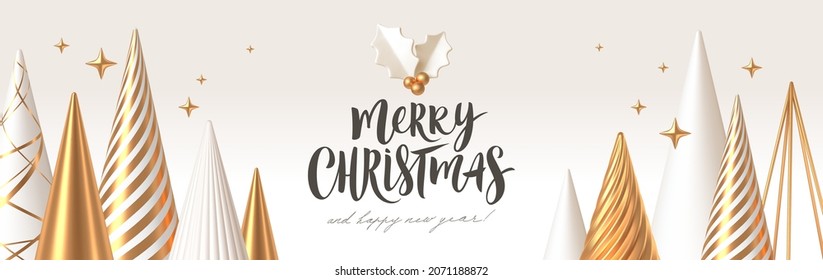 Christmas greeting card with 3d render differen style golden christmas trees, calligraphy and holly berry. Christmas decorations. Vector illustration.