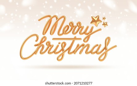 Christmas greeting card. 3d render realistic golden metal calligraphy with gold stars. Vector illustration.