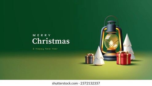 Christmas greeting card with 3d render composition of vintage kerosene lamp with Christmas tree and gift boxes on green backdrop