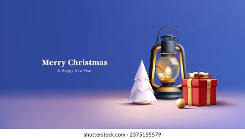 Tarjeta de felicitación navideña con 3d composición de representación de lámpara de queroseno vintage con árbol de Navidad y caja de regalo roja y bola de oro sobre fondo azul
