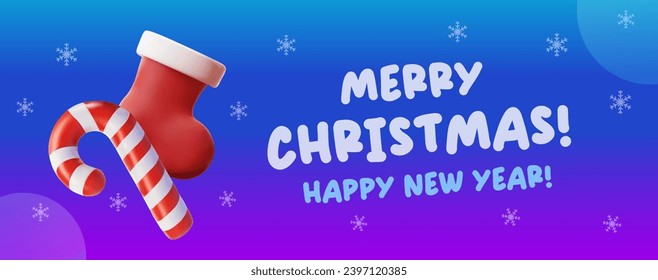 Christmas greeting card. 3d style. Christmas stocking and candy cane 3d cartoon illustrations. Modern blue background with snowflakes. Festive winter banner. Happy New Year.