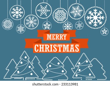 Christmas greeting card with abstract baubles with ornament of snowflakes and forest