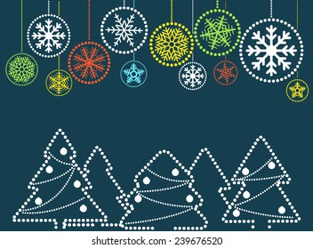 Christmas greeting card with abstract baubles with ornament of snowflakes and forest 