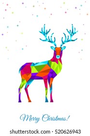 Christmas greeting card.  Abstract colorful low poly triangle Xmas deer isolated on white background. Vector illustration with wild animal in origami style.