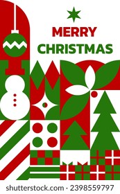 Christmas greeting card. Abstract geometric bauhaus pattern. Design with holly, christmas tree, christmas ball, gift box, snowman and star. Use the design as a greeting card, postcard, or poster.