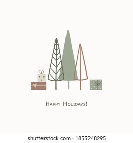 Christmas greeting card with abstract hand drawn Christmas trees, gifts and text Happy Holidays. Vector template for gift tag, calendar, planner, invitations, posters.