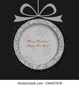 Christmas greeting card with abstract silver sparkling Christmas ball.