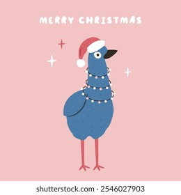 Christmas Greeting Card with Adorable Emu Bird Character Wrapped in Garland. Australian Holiday Seasonal Illustration, Design.