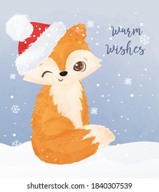 Christmas greeting card with adorable fox illustration. Christmas background illustration.