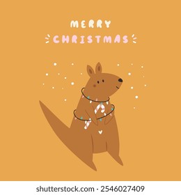 Christmas Greeting Card with Adorable Kangaroo in Santa Hat. Australian Holiday Illustration, Design.