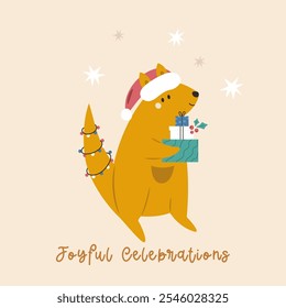 Christmas Greeting Card with Adorable Kangaroo in Santa Hat. Australian Holiday Illustration, Design.