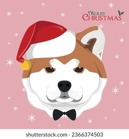 Christmas greeting card. Akita Inu dog with red Santa's hat and bow tie