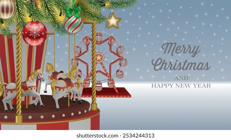 christmas greeting card with amusement park on winter landscape. christmas banner with 3d carousel and ferris wheel. christmas background withpine branches and funfair