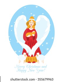 Christmas greeting card with angel and sheeps. Xmas poster.