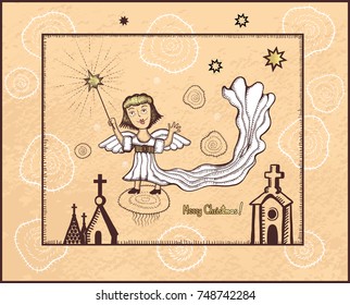 Christmas greeting card with an angel, vintage style. Vector illustration.