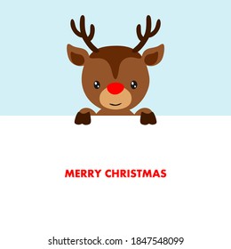 Christmas Greeting Card. Baby Santa's Reindeer Rudolph And Inscription Merry Christmas. Vector Illustration. 