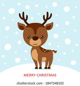 Christmas greeting card. Baby Santa's reindeer and inscription Merry Christmas. Vector illustration. 