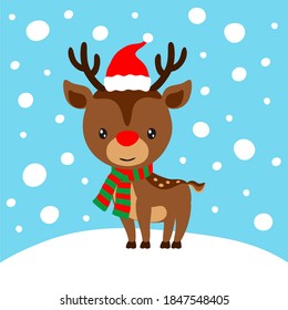 Christmas greeting card. Baby Santa's reindeer Rudolph in red Santa's hat. Vector illustration. 