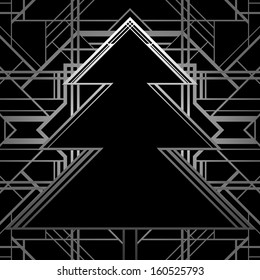 Christmas greeting card background in 1920's art deco geometric style. Black and silver. Good for retro parties designs.