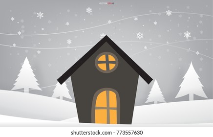 Christmas greeting card background of cottage in winter elegant area. Vector illustration.