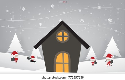 Christmas greeting card background of cottage and Santa Claus in winter elegant background. Abstract seasonal design element. Vector illustration.