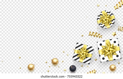 Christmas greeting card background design template of golden glittering decoration star and ball confetti. Vector Christmas or New Year winter holiday gifts presents sale white transparent background.
