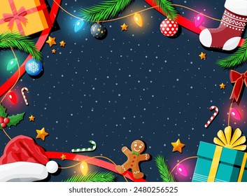 Christmas greeting card background. Gift boxes, candycane, holly, sock, hat, gingerbread man, ball fur branches. Wishes presents xmas new year eve. Vector illustration flat style