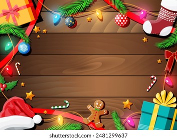 Christmas greeting card background. Gift boxes, candycane, holly, sock, hat, gingerbread man, ball fur branches. Wishes presents xmas new year eve. Vector illustration flat style