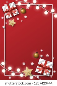 christmas greeting card background with gifts boxes, christmas ball, snowflake, vector illustration