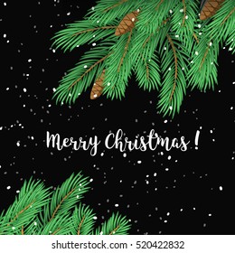 Christmas greeting card background poster. Stock illustration with fir branches and falling snow on black background.