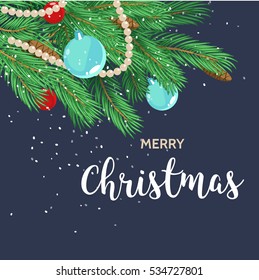 Christmas greeting card background poster. Stock illustration with fir Christmas tree branches and Christmas balls on blue background.