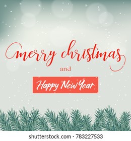 Christmas greeting card, background, poster with fir-tree branches. Winter scene. Vector illustration for Holiday Collection.